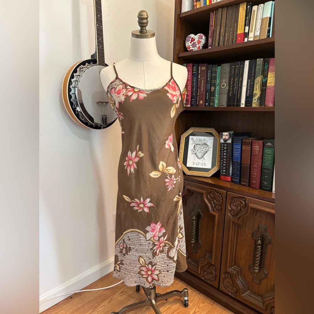 Y2K VICTORIA SECRET Brown floral sheer chemise slip dress midi length SZ M